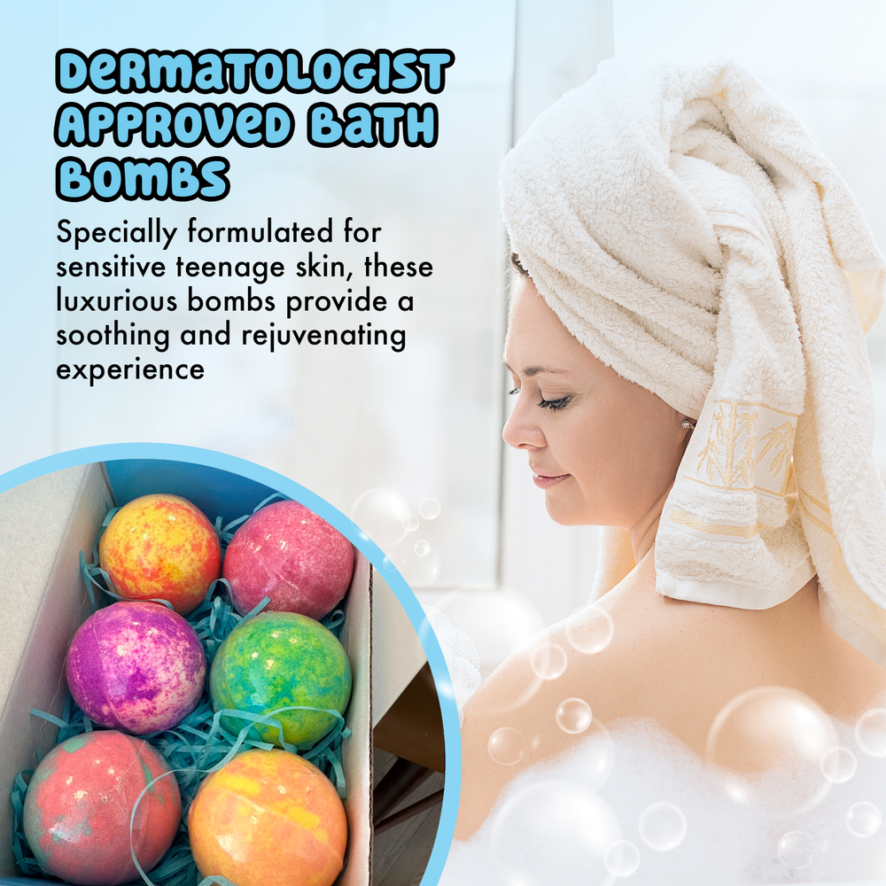 Assorted six-pack of brightly colored kids' bath bombs, featuring cheerful designs and sweet scents for a fun bath experience.