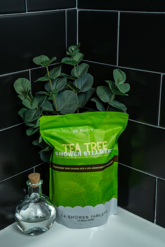 Tea tree shower steamers packed in an eco-friendly box, ready to create a magical, spa-inspired ambiance in your bathroom.