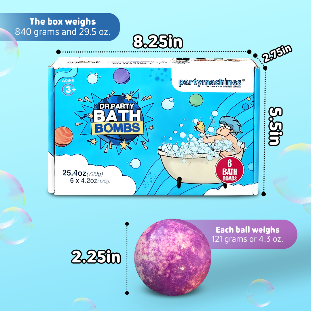 The bath bombs come in a box exactly 8.25 inches x 5.5 inches and 2.75 inches tall