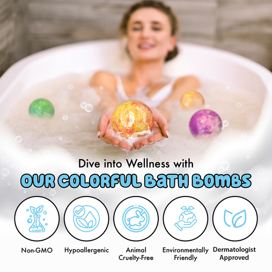 Kid-friendly bath bombs in a multi-colored six-pack, designed to fizz with joy and fill the bath with playful aromas.
